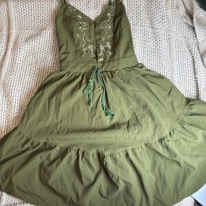 SHEIN Olive Green Embroidered Tiered Midi Dress
